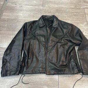 Vintage 90's Black INTERSTATE LEATHER Motorcycle Jacket Size L Biker Braided